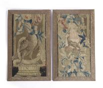A PAIR OF TAPESTRY PANELS PROBABLY AUBUSSON, 18TH CENTURY depicting a dove with a sprig in its