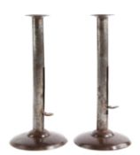 A PAIR OF SHEET IRON HOGSCRAPER EJECTOR CANDLESTICKS BIRMINGHAM, C.1820-50 each with an ejector