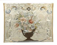 AN ITALIAN EMBROIDERED SILK PANEL IN RENAISSANCE STYLE, LATE 19TH CENTURY worked with an urn of