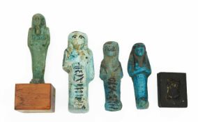 THREE EGYPTIAN GLAZED COMPOSITION SHABTIS THIRD INTERMEDIATE PERIOD TO LATE PERIOD, C.1069-332BC