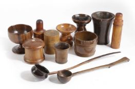 A COLLECTION OF TREEN 19TH / 20TH CENTURY including: a lignum vitae pounce pot, a boxwood pounce