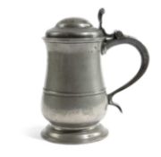 A PEWTER QUART DOME LID TULIP TANKARD WIGAN, C.1740-60 unidentified maker, to the left of the handle