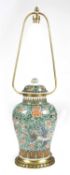 A CHINESE FAMILLE VERTE TABLE LAMP 20TH CENTURY baluster shape with a detachable cover and gilt