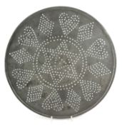 A LARGE AND IMPRESSIVELY DECORATED PEWTER STRAINER DISH LONDON, C.1740 the 15¾ inch circular fish or