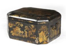 A CHINESE EXPORT BLACK LACQUER BOX EARLY 19TH CENTURY decorated in gilt with chinoiserie scenes of