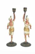 A PAIR OF FRENCH COLD PAINTED SPELTER FIGURAL CANDLESTICKS C.1880 modelled as a male and female