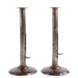A PAIR OF SHEET IRON HOGSCRAPER EJECTOR CANDLESTICKS BIRMINGHAM, C.1820-50 each with an ejector