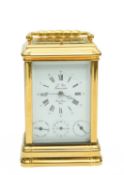 A FRENCH GILT BRASS REPEATING CARRIAGE CLOCK L'EPEE, 20TH CENTURY the enamel dial with Roman and
