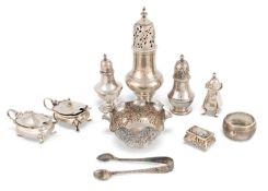 A mixed lot of silver items, comprising: a George III caster by Robert Peaston, London 1761, three