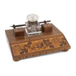 A late-19th century Tunbridge ware inkstand and dip pen, raised rectangular form with decorative