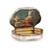 λ A George II silver automaton portrait miniature snuff box, unmarked circa 1740-50, cartouche form,