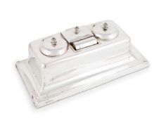 A silver inkstand, by James Dixon & Sons, Sheffield 1925, rectangular form, pen tray edges to the