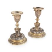A pair of late-Victorian gilt-electrotype candlesticks, by Elkington & Co, 1900, knopped balsuter
