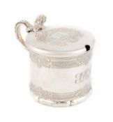 A Victorian silver mustard pot, by John Figg, London 1851, circular form, the sides with chased