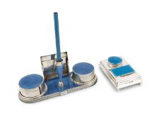 A continental silver and enamel desk set, stamped Sterling, oblong form with chevron border
