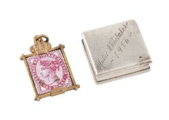 A late-Victorian enamel one penny stamp pendant, unmarked, in a gilt metal frame surmounted by a