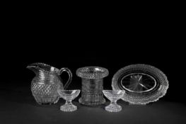 FIVE ITEMS OF IRISH CUT GLASS LATE 18TH / EARLY 19TH CENTURY comprising: a water jug, a waisted