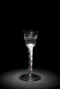 A RARE 'NAUTICAL' AIR TWIST WINE GLASS C.1760 the round funnel bowl diamond engraved with a