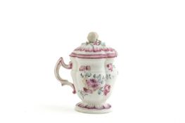 A MENNECY MUSTARD POT AND COVER C.1760 with an apple knop, delicately painted with flowers and tones