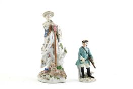 A MEISSEN FIGURE OF A HUNTSMAN MODELLED BY J J KÄNDLER, MID 18TH CENTURY standing with a gun over