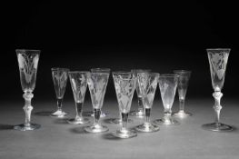 A COLLECTION OF TEN ALE GLASSES MAINLY 19TH CENTURY each with a slender funnel bowl and most