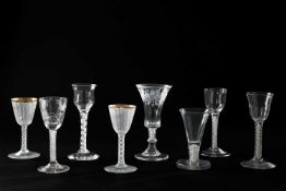 A COLLECTION OF EIGHT OPAQUE TWIST DRINKING GLASSES MAINLY 18TH AND 19TH CENTURY comprising: one