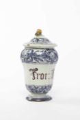 AN ITALIAN FAIENCE APOTHECARY JAR AND COVER 18TH CENTURY of inverted baluster form, inscribed in