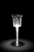 A RARE 'PRIVATEER' OPAQUE-TWIST WINE GLASS C.1760 the slightly flared bucket bowl engraved with a