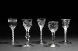 FIVE SMALL WINE GLASSES C.1760 AND LATER comprising: one with a rounded funnel bowl with Jacobite