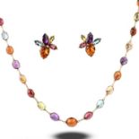 A MULTI-GEM-SET GOLD NECKLACE AND EARRINGS