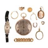 A COLLECTION OF GOLD JEWELLERY, A POCKET WATCH AND A COCKTAIL WATCH