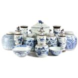 FIVE CHINESE BLUE AND WHITE GINGER JARS AND COVERS
