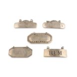 A collection of five antique Irish silver wine labels,