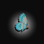 A 19TH CENTURY TURQUOISE AND SEED PEARL BUTTERFLY BROOCH / PENDANT