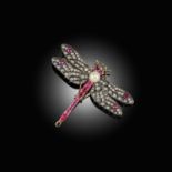 A RUBY AND DIAMOND DRAGONFLY BROOCH