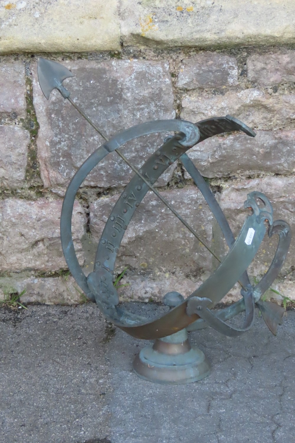 A weathered cast bronze armillary sun dial, 55 cm (full height)
