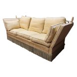 A traditional Knoll sofa in a yellow and blue colour way. Two metres wide.