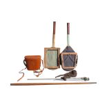 A small folding fishing chair, cased binoculas, Hardy’s landing net, two vintage tennis rackets