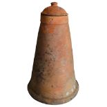 An old weathered conical shaped terracotta rhubarb forcer and cap, 75 cm high (af)