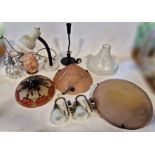 A collection of mostly glass lighting to include plafoniers, wall lights, rock crystal table lamp,