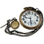A gold-plated open-faced pocket watch, Waltham Vanguard 23 jewels, the white enamelled dial with