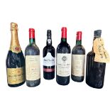 A collection of six bottles of various port, wine and champagne to include Alfred Rothschild 1998,