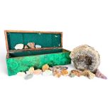 Science interest; a collection of various rocks and minerals in a faux malachite box