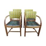 A set of four Heal's style Art Deco open armchairs in oak with drop in seats and upholstered