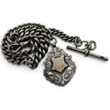 A sterling silver Albert watch chain, with T-bar and suspended with a medallion pendant, 83 grams