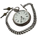 A late 19th century English silver open-faced pocket watch, the white enamelled dial with black
