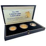 A cased Royal Mint UK gold proof three coin set, two pounds, sovereign and half sovereign, 1988,