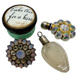 A small group of 18th/19th century collectables to include a pill box 'Take this for a kiss', a foil
