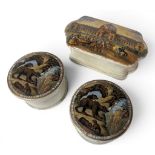 A pair of 19th century Prattware pot lids and bases to advertise Ross and Sons genuine bears grease,