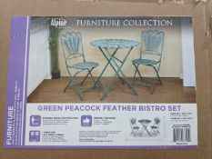 New & Boxed Alpine Corporation Indoor/Outdoor 3-Piece Peacock Feather Rustic Metal Bistro Set